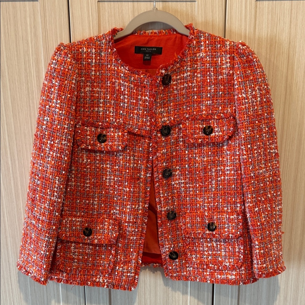 Ann Taylor Orange-Red Tweed Button-Front Blazer